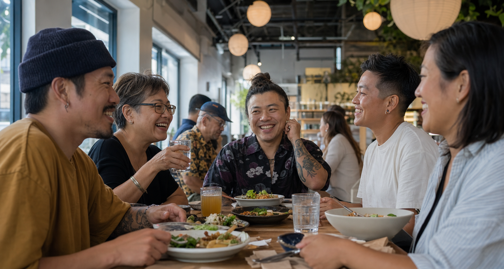 Community members sharing a meal and conversation